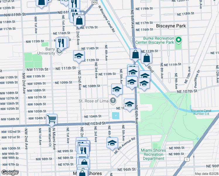 map of restaurants, bars, coffee shops, grocery stores, and more near 371 Northeast 108th Street in Miami