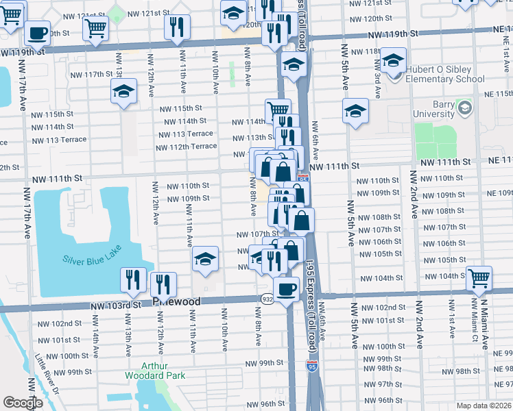 map of restaurants, bars, coffee shops, grocery stores, and more near 801 Northwest 109th Street in Miami