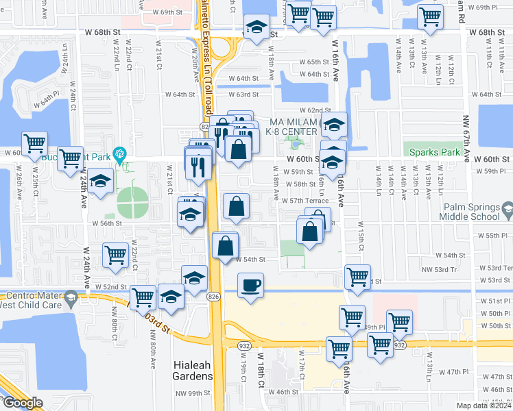 map of restaurants, bars, coffee shops, grocery stores, and more near 1885 West 56th Street in Hialeah
