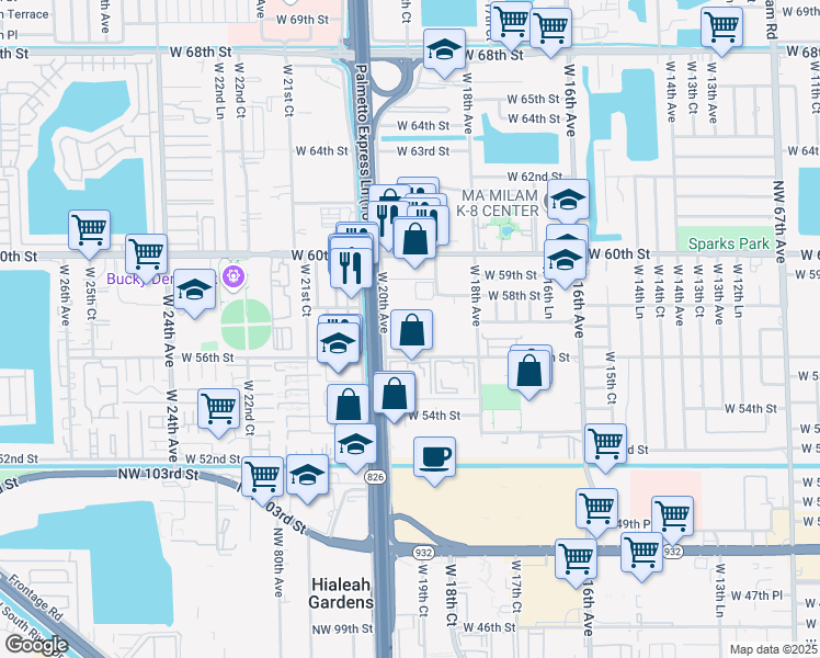map of restaurants, bars, coffee shops, grocery stores, and more near 5775 West 20th Avenue in Hialeah
