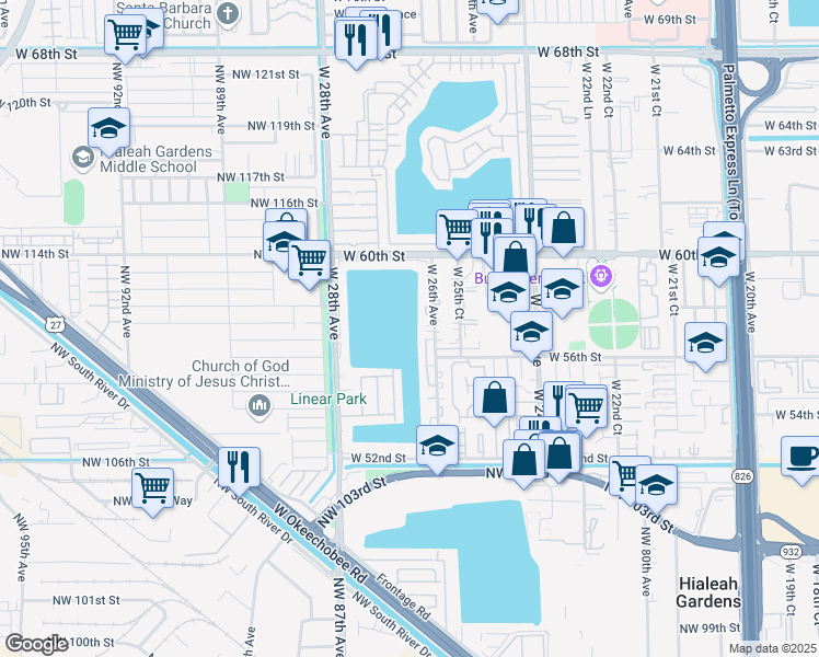 map of restaurants, bars, coffee shops, grocery stores, and more near 5788 West 26th Avenue in Hialeah
