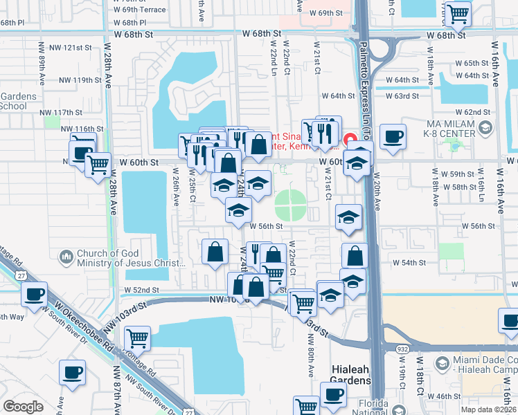 map of restaurants, bars, coffee shops, grocery stores, and more near 5701 West 24th Avenue in Hialeah