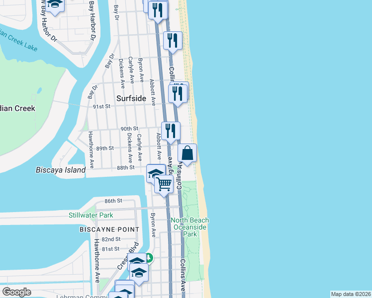 map of restaurants, bars, coffee shops, grocery stores, and more near 8911 Collins Avenue in Surfside