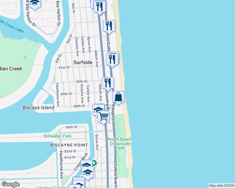 map of restaurants, bars, coffee shops, grocery stores, and more near in Surfside