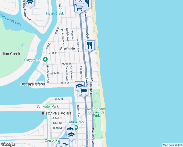 map of restaurants, bars, coffee shops, grocery stores, and more near in Surfside