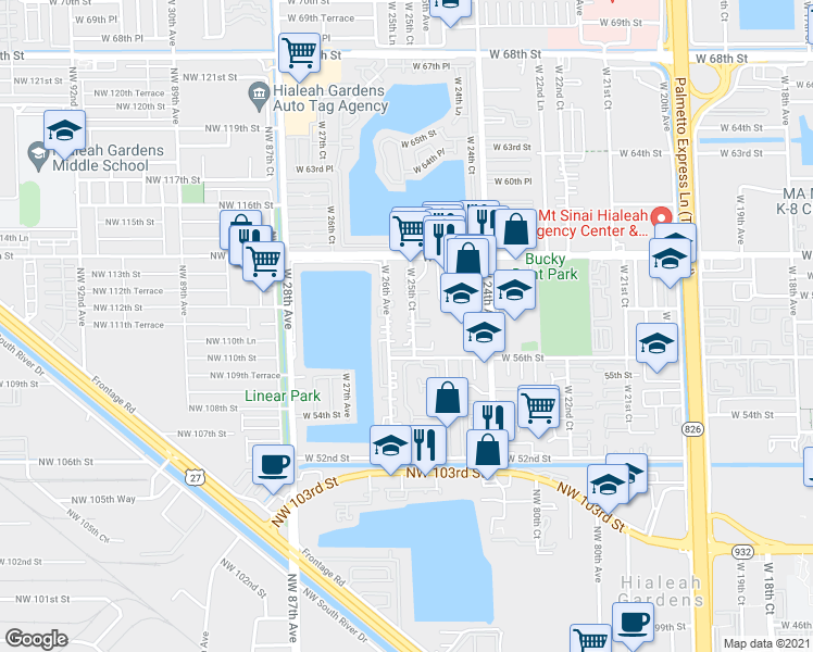 map of restaurants, bars, coffee shops, grocery stores, and more near 5825 West 25th Court in Hialeah