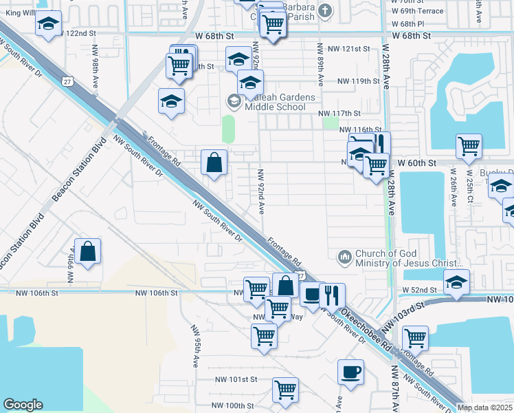 map of restaurants, bars, coffee shops, grocery stores, and more near 10925 Northwest 92nd Avenue in Hialeah Gardens