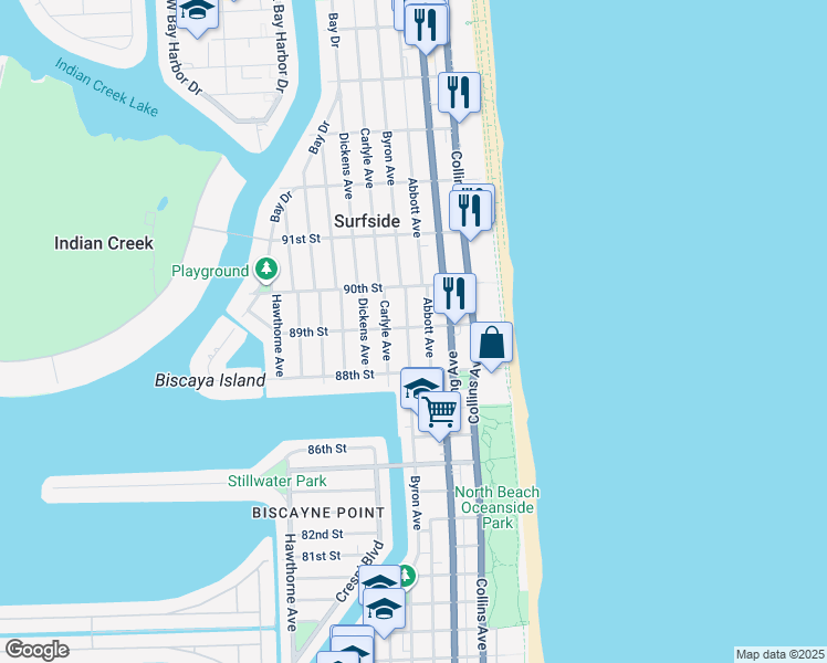 map of restaurants, bars, coffee shops, grocery stores, and more near 8911 Byron Avenue in Surfside