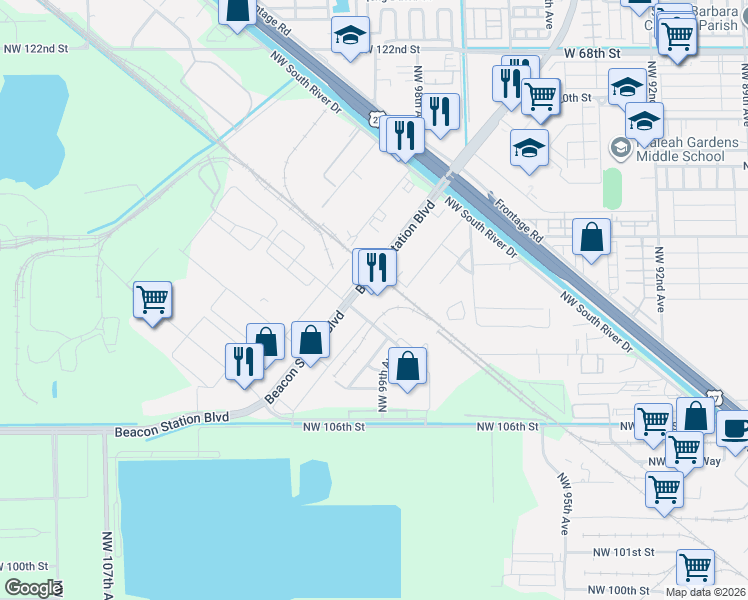 map of restaurants, bars, coffee shops, grocery stores, and more near 9960 NW 116th Way in Miami