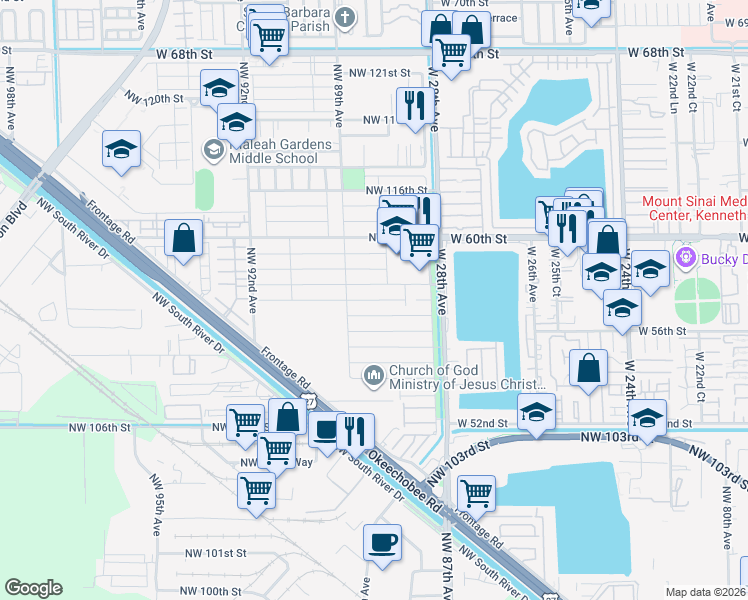 map of restaurants, bars, coffee shops, grocery stores, and more near 8798 Northwest 112th Street in Hialeah Gardens