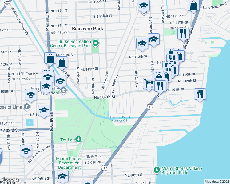map of restaurants, bars, coffee shops, grocery stores, and more near 10810 Northeast 10th Place in Miami