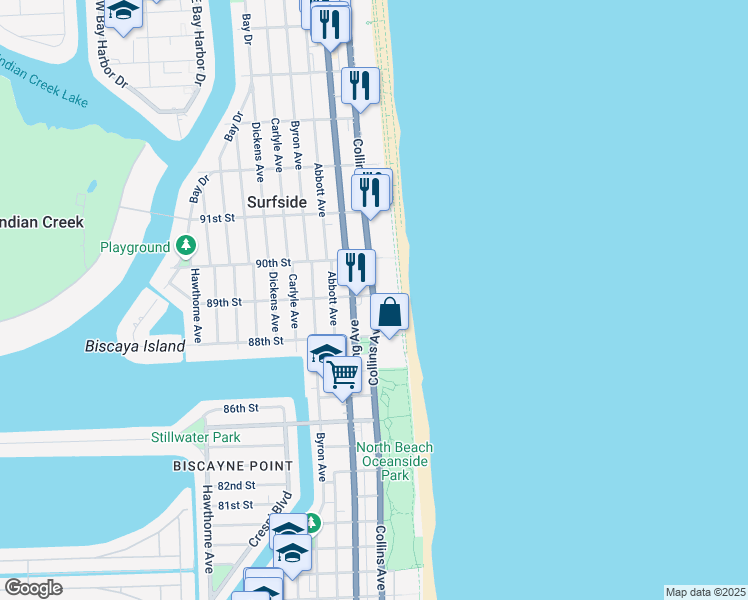 map of restaurants, bars, coffee shops, grocery stores, and more near 8911 Collins Avenue in Surfside