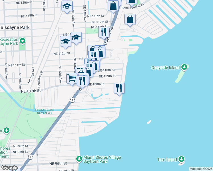 map of restaurants, bars, coffee shops, grocery stores, and more near 1491 Northeast 108th Street in Miami