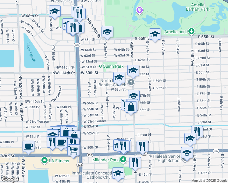 map of restaurants, bars, coffee shops, grocery stores, and more near 150 West 58th Street in Hialeah