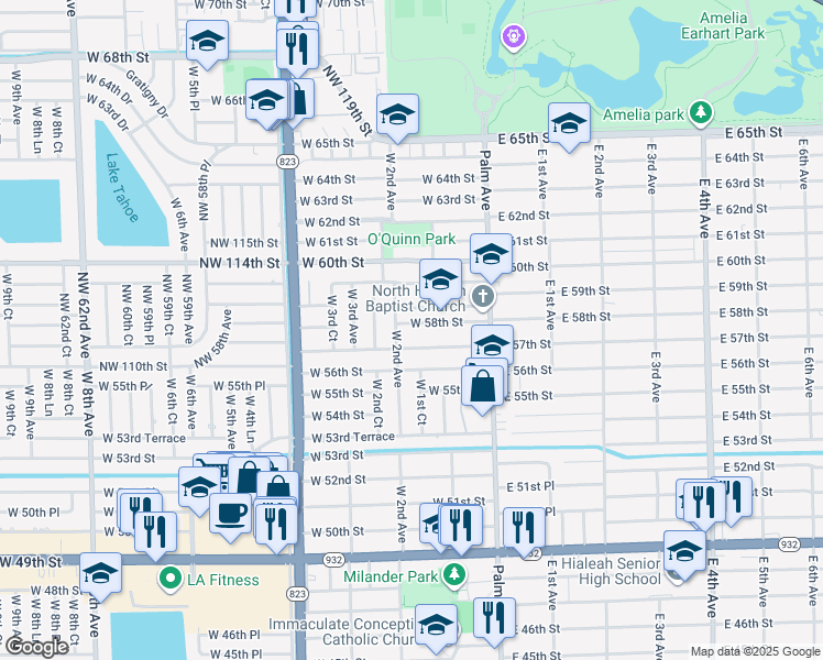 map of restaurants, bars, coffee shops, grocery stores, and more near 150 West 58th Street in Hialeah