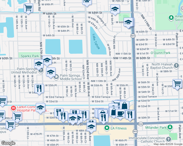 map of restaurants, bars, coffee shops, grocery stores, and more near 11125 Northwest 61st Avenue in Hialeah