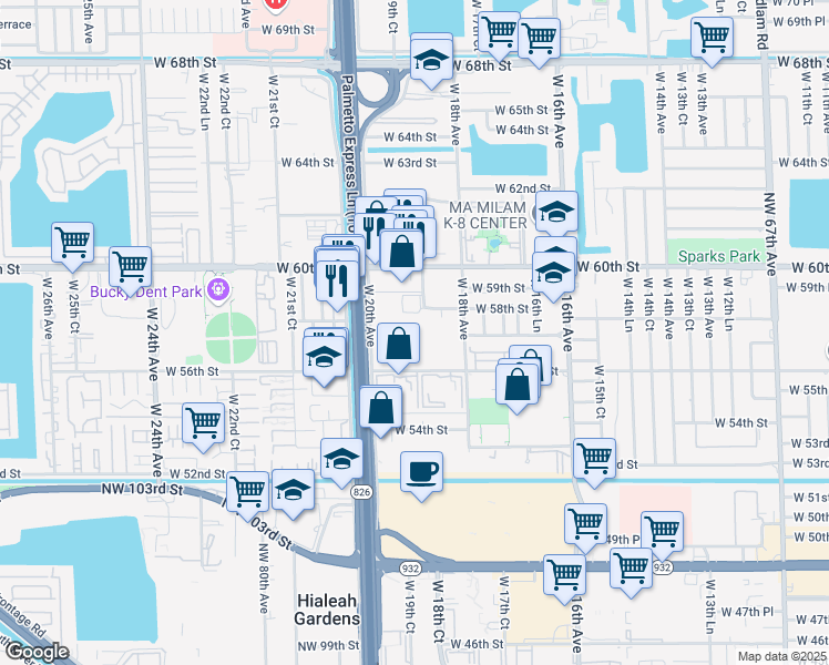 map of restaurants, bars, coffee shops, grocery stores, and more near 1885 West 56th Street in Hialeah