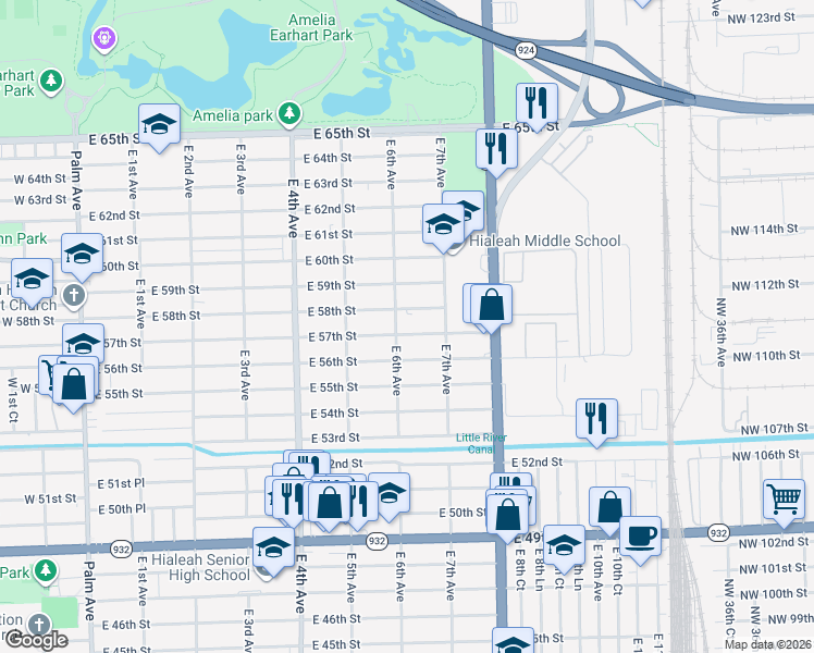 map of restaurants, bars, coffee shops, grocery stores, and more near 5756 East 6th Avenue in Hialeah