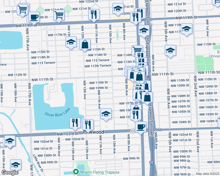 map of restaurants, bars, coffee shops, grocery stores, and more near 10925 Northwest 10th Avenue in Miami