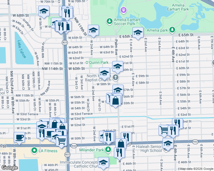map of restaurants, bars, coffee shops, grocery stores, and more near 60 West 58th Street in Hialeah