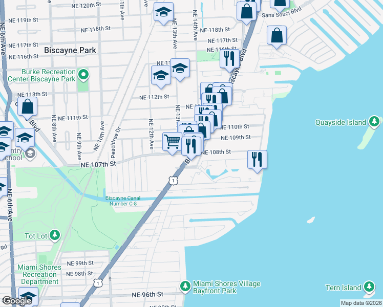 map of restaurants, bars, coffee shops, grocery stores, and more near Biscayne Blvd & NE 108th St in Miami