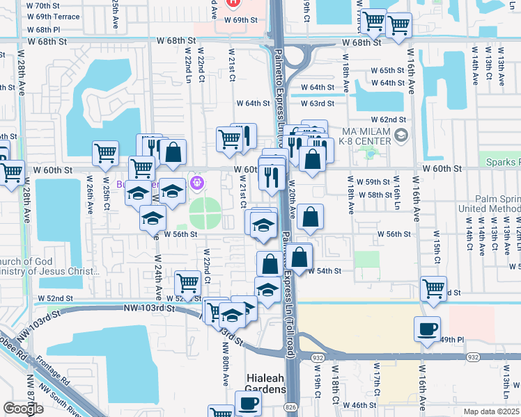 map of restaurants, bars, coffee shops, grocery stores, and more near 5792 West 58th Street in Hialeah