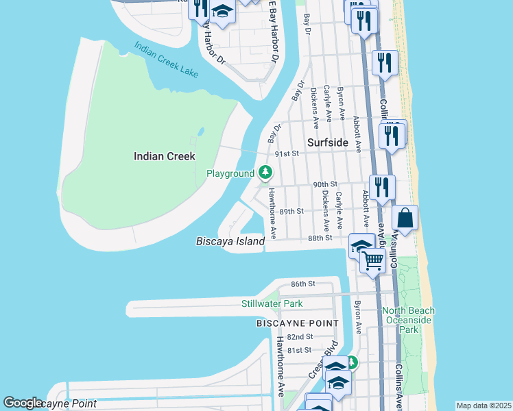 map of restaurants, bars, coffee shops, grocery stores, and more near 8942 Irving Avenue in Surfside