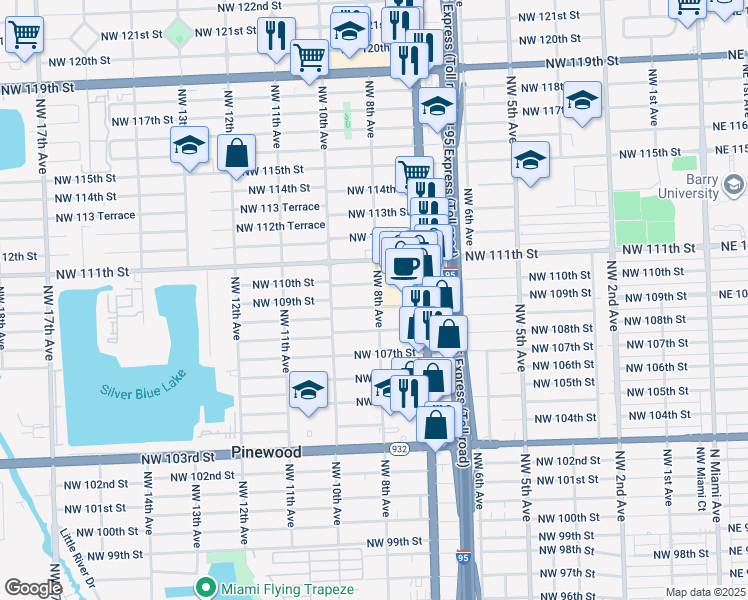 map of restaurants, bars, coffee shops, grocery stores, and more near 801 Northwest 109th Street in Miami