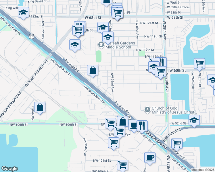 map of restaurants, bars, coffee shops, grocery stores, and more near 10925 Northwest 92nd Avenue in Hialeah Gardens