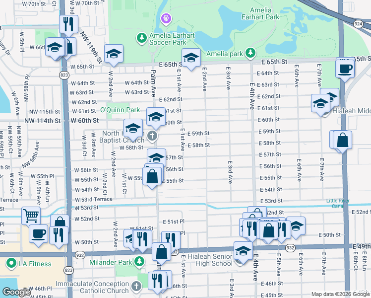 map of restaurants, bars, coffee shops, grocery stores, and more near 152 East 58th Street in Hialeah