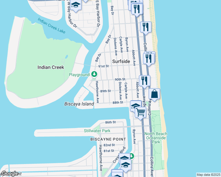 map of restaurants, bars, coffee shops, grocery stores, and more near 8911 Froude Avenue in Surfside