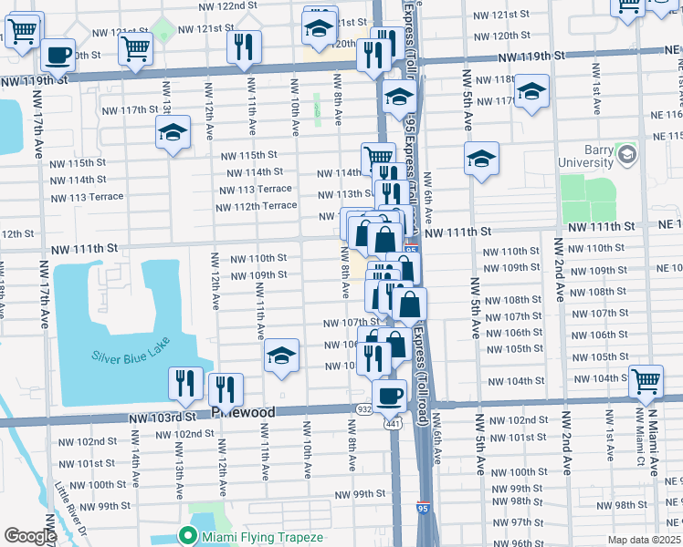 map of restaurants, bars, coffee shops, grocery stores, and more near 801 Northwest 109th Street in Miami