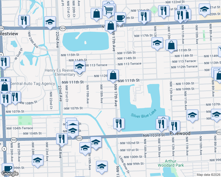 map of restaurants, bars, coffee shops, grocery stores, and more near 1746 Northwest 110th Terrace in Miami