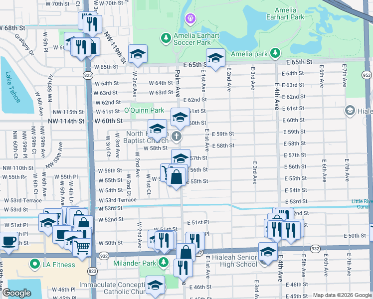 map of restaurants, bars, coffee shops, grocery stores, and more near 5785 Palm Avenue in Hialeah