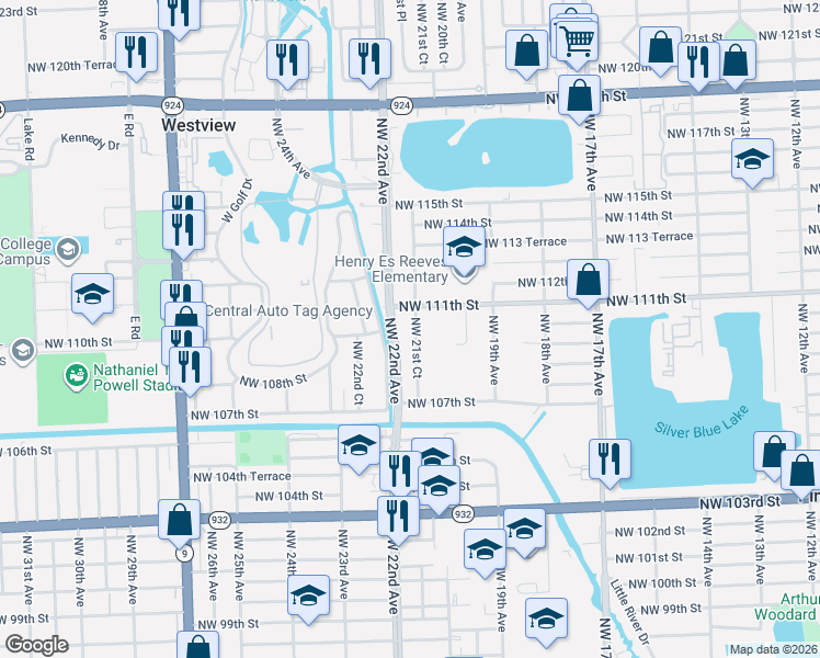map of restaurants, bars, coffee shops, grocery stores, and more near 11010 Northwest 21st Court in Miami