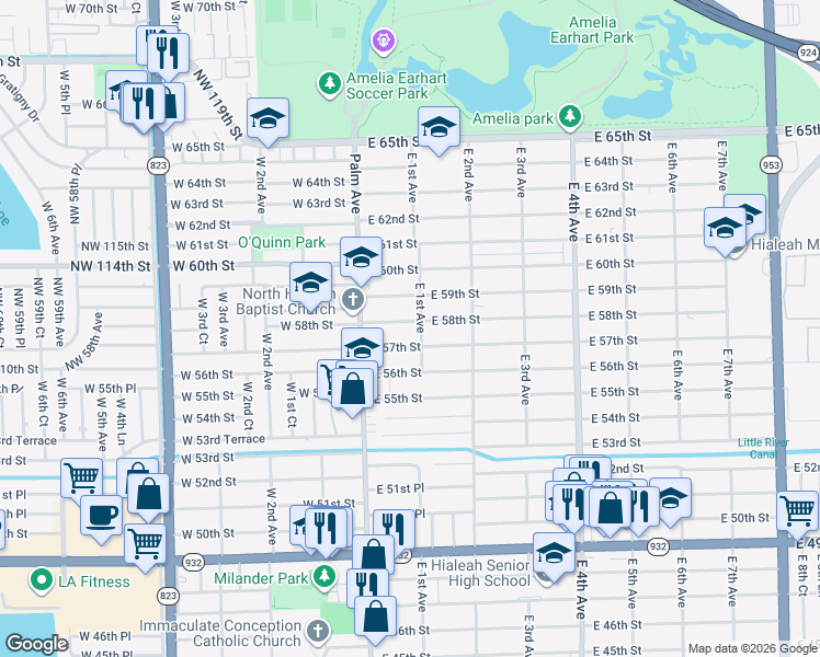 map of restaurants, bars, coffee shops, grocery stores, and more near 80 East 58th Street in Hialeah