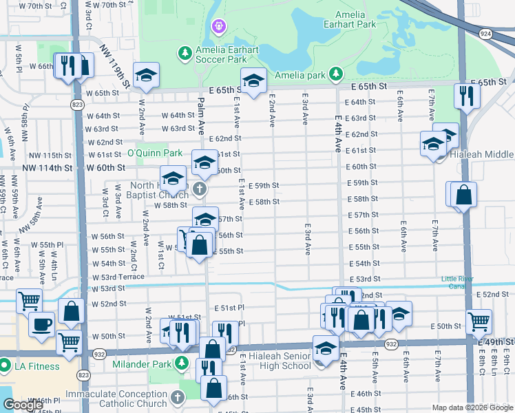 map of restaurants, bars, coffee shops, grocery stores, and more near 152 East 58th Street in Hialeah