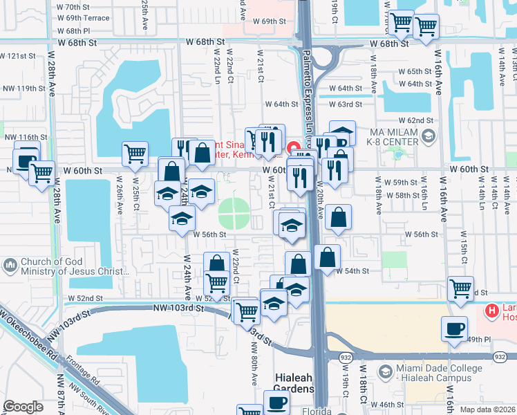 map of restaurants, bars, coffee shops, grocery stores, and more near 2178 West 60th Street in Hialeah