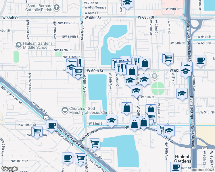 map of restaurants, bars, coffee shops, grocery stores, and more near 5810 West 26th Avenue in Hialeah