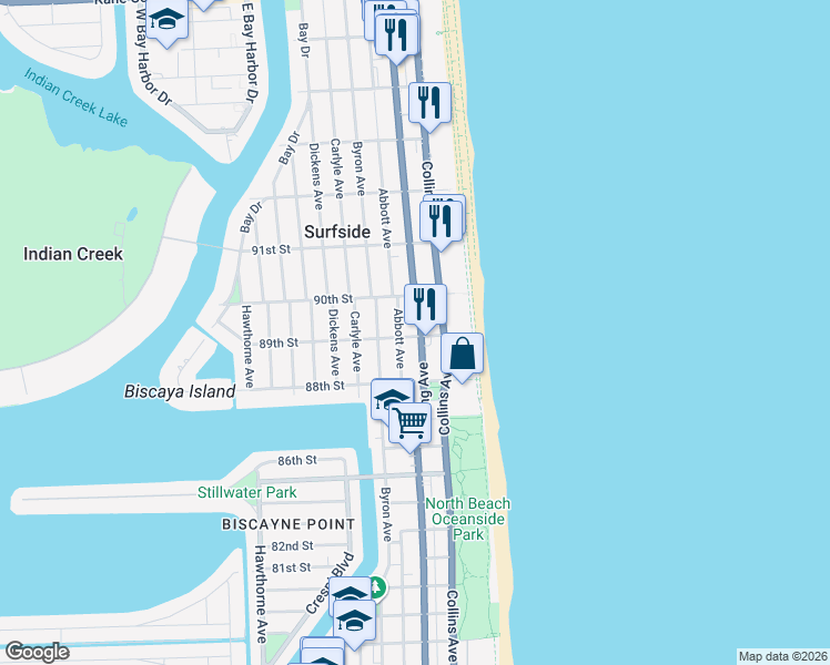 map of restaurants, bars, coffee shops, grocery stores, and more near 8900 Harding Avenue in Surfside