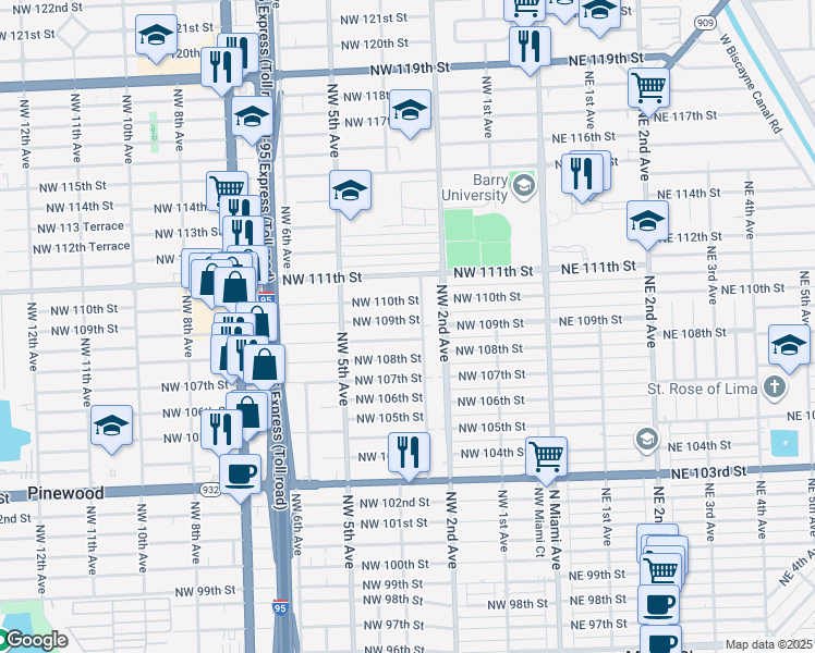 map of restaurants, bars, coffee shops, grocery stores, and more near 270 Northwest 109th Street in Miami