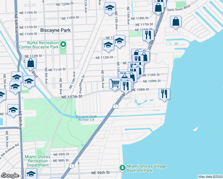 map of restaurants, bars, coffee shops, grocery stores, and more near 1251 Northeast 108th Street in Miami