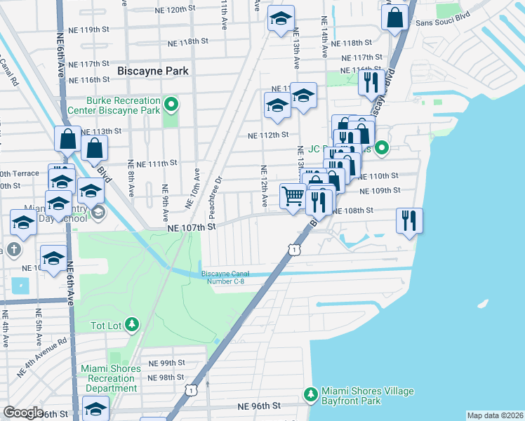 map of restaurants, bars, coffee shops, grocery stores, and more near 1171 Northeast 108th Street in Miami