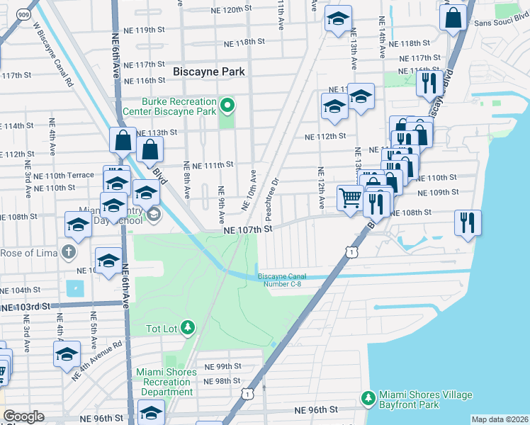 map of restaurants, bars, coffee shops, grocery stores, and more near 10810 Northeast 10th Place in Miami