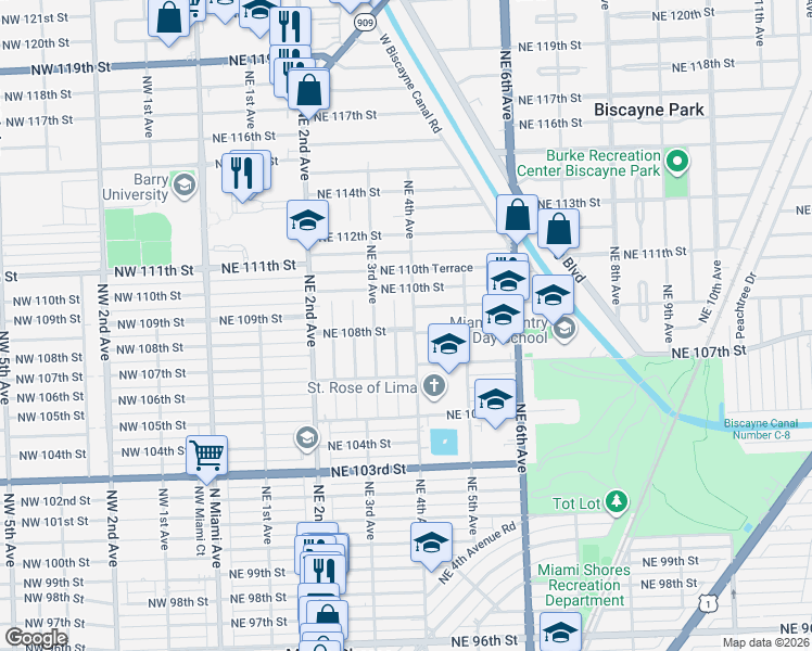 map of restaurants, bars, coffee shops, grocery stores, and more near 371 Northeast 108th Street in Miami