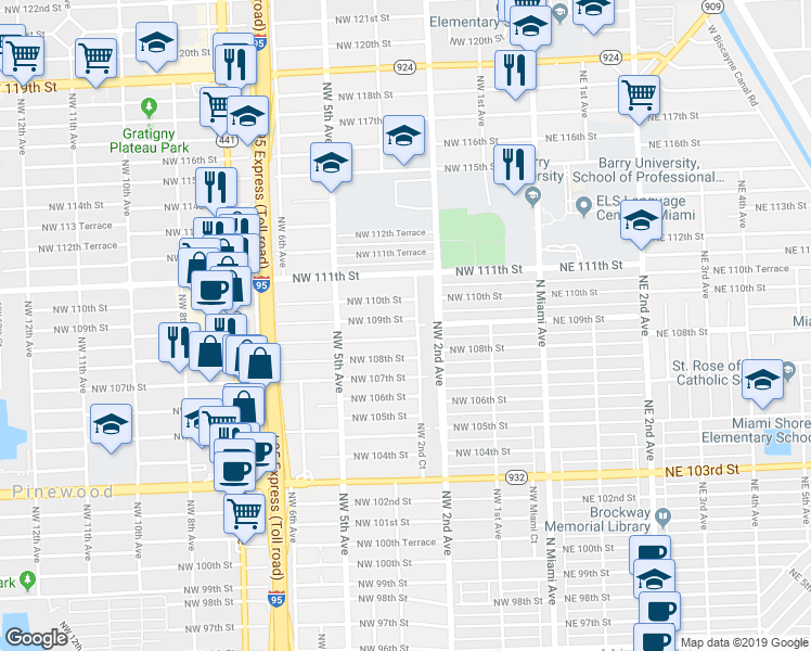 map of restaurants, bars, coffee shops, grocery stores, and more near 270 Northwest 109th Street in Miami