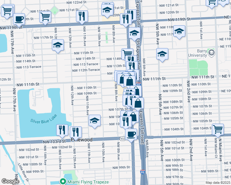 map of restaurants, bars, coffee shops, grocery stores, and more near 801 Northwest 109th Street in Miami