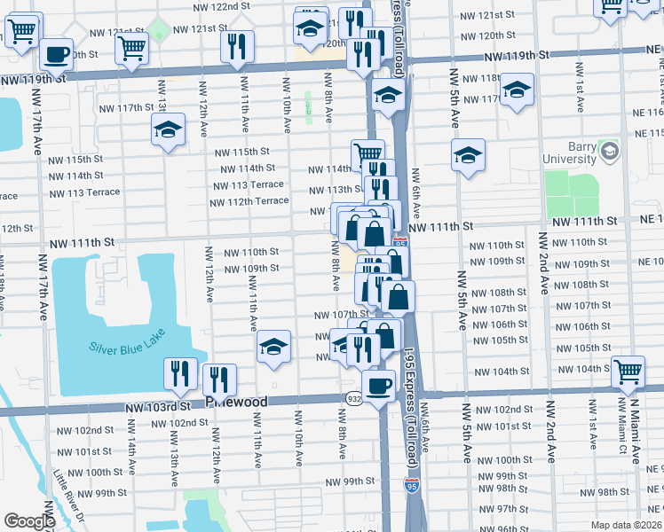 map of restaurants, bars, coffee shops, grocery stores, and more near 801 Northwest 109th Street in Miami