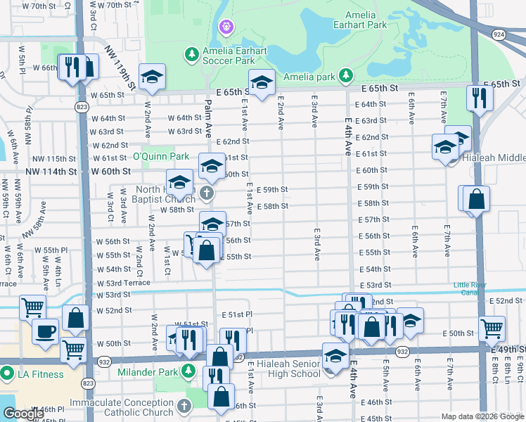 map of restaurants, bars, coffee shops, grocery stores, and more near 152 East 58th Street in Hialeah