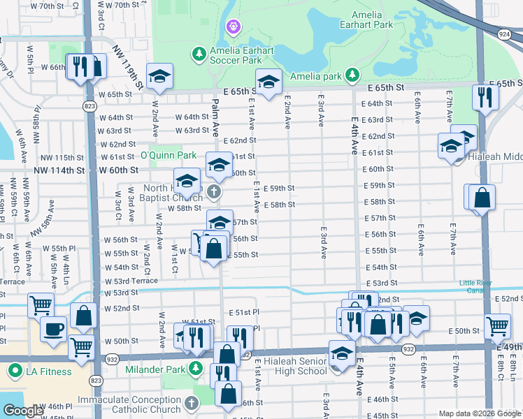 map of restaurants, bars, coffee shops, grocery stores, and more near 152 East 58th Street in Hialeah